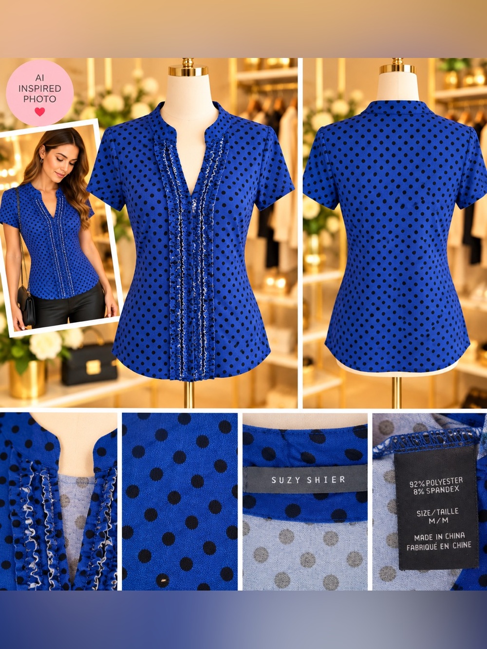 Suzy Shier Cobalt Blue with Black Polka Dot Ruffle V-Neck Top